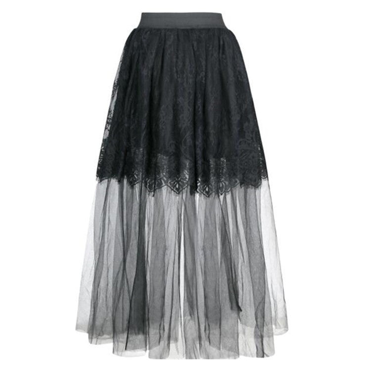 Lace Mesh Stitching A-line Pleated Long Skirt