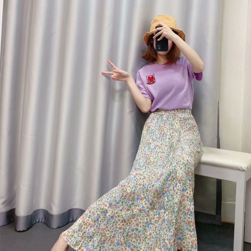 Explosive Women's Floral Skirt With Elastic Waist And Thin Print Skirt