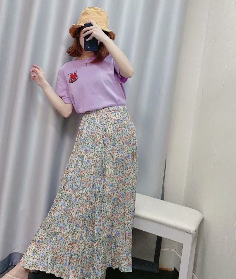 Explosive Women's Floral Skirt With Elastic Waist And Thin Print Skirt