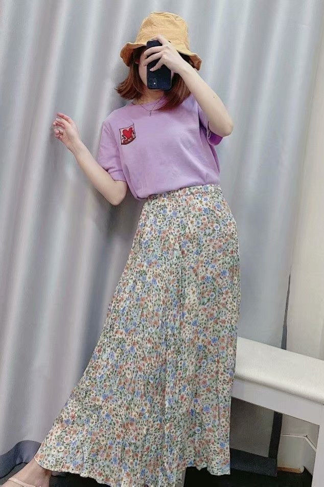 Explosive Women's Floral Skirt With Elastic Waist And Thin Print Skirt