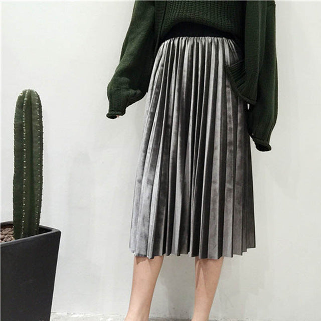 New Style Velvet Pleated Half-Length Skirt Metallic Velvet Mid-Length Skirt Women