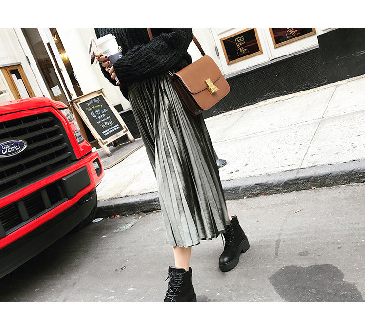 New Style Velvet Pleated Half-Length Skirt Metallic Velvet Mid-Length Skirt Women