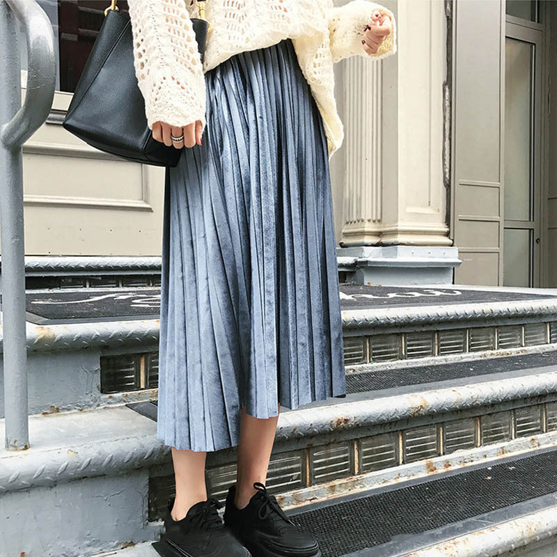 New Style Velvet Pleated Half-Length Skirt Metallic Velvet Mid-Length Skirt Women