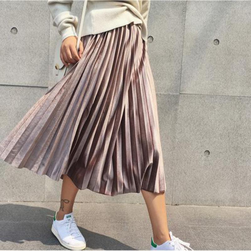New Style Velvet Pleated Half-Length Skirt Metallic Velvet Mid-Length Skirt Women