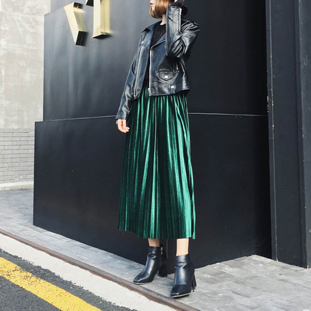 New Style Velvet Pleated Half-Length Skirt Metallic Velvet Mid-Length Skirt Women