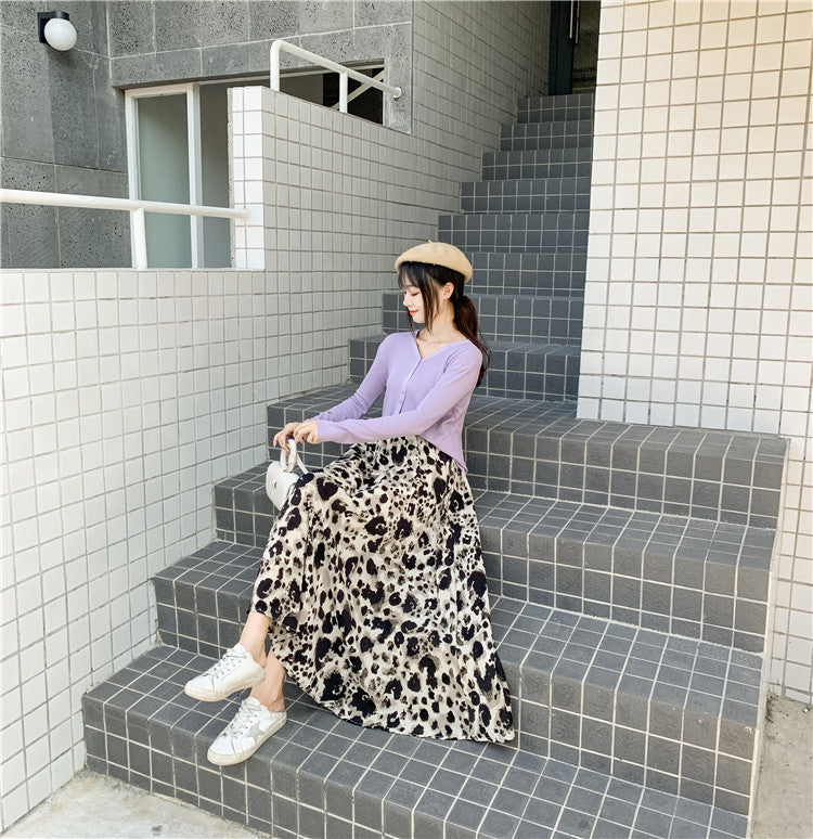 High Waist Slim Mid-Length Leopard Print Skirt