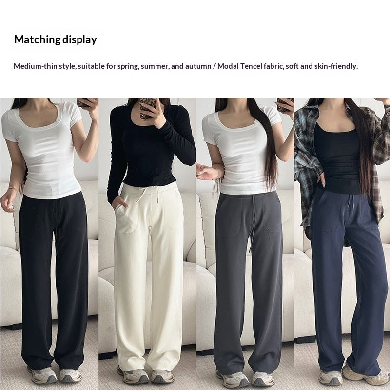 High-waisted Slightly Flared Drawstring-tied Butt-lifting Straight-leg Wide-leg Pants