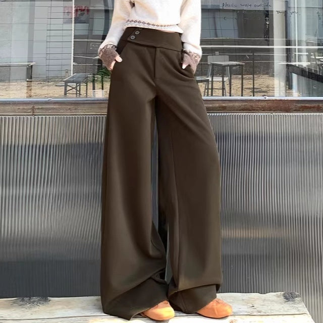 Dark Gray Wool High-waisted Slimming Loose-fit Casual Pants