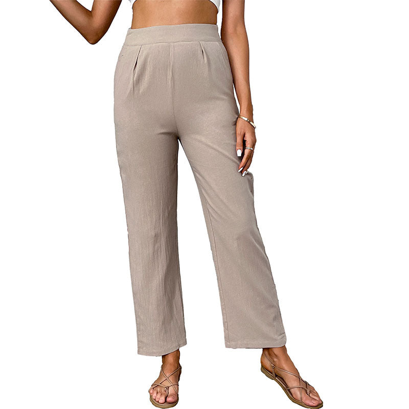 Summer European And American Style Cotton-Linen High-Waist Solid Color Cropped Straight Pants For Women