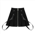 Dark black punk detachable pu strap decorative metal five-pointed star zipper lattice skirt pleated skirt