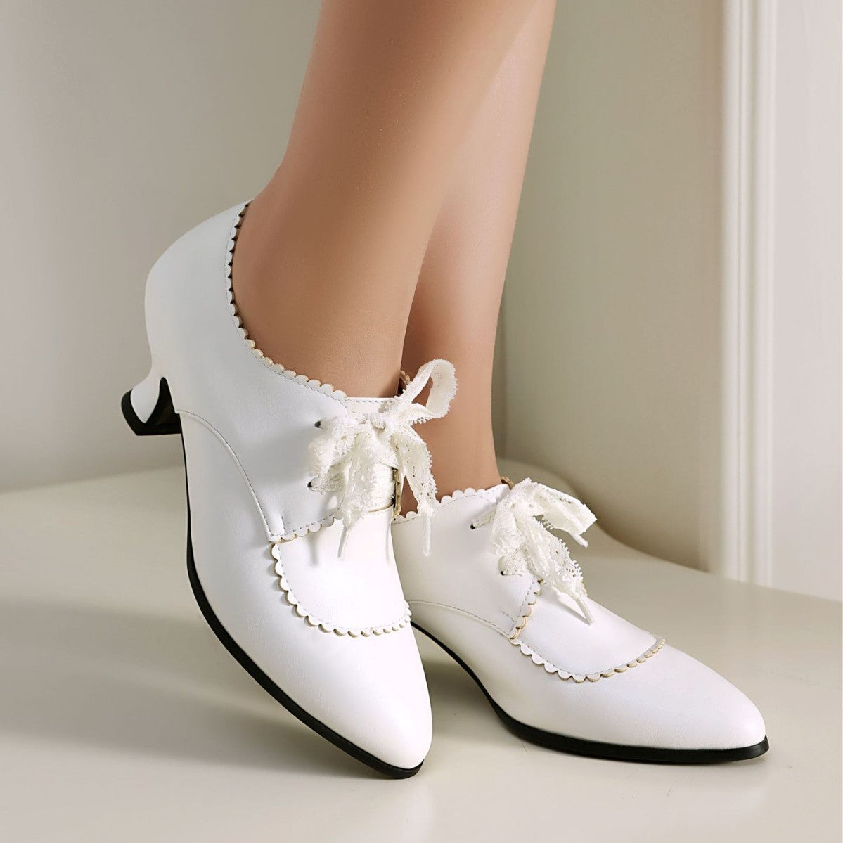 Fashionable High-Heel Plus-Size Embossed Floral Lace-Up Pointed-Toe Womens Pumps