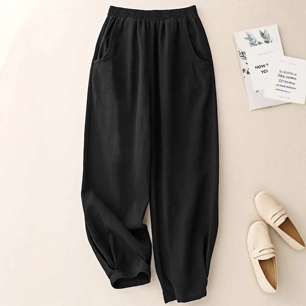 Navy Blue Cotton-Linen Ankle-Cinched Bloomer Pants For Women