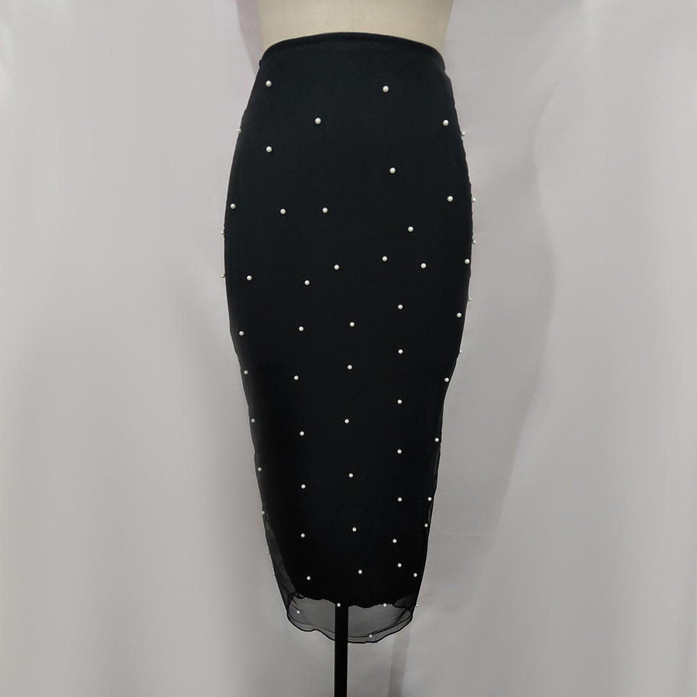 High Waist Bag Hip Mesh  Beaded Elastic Slim Fit Women's Skirt