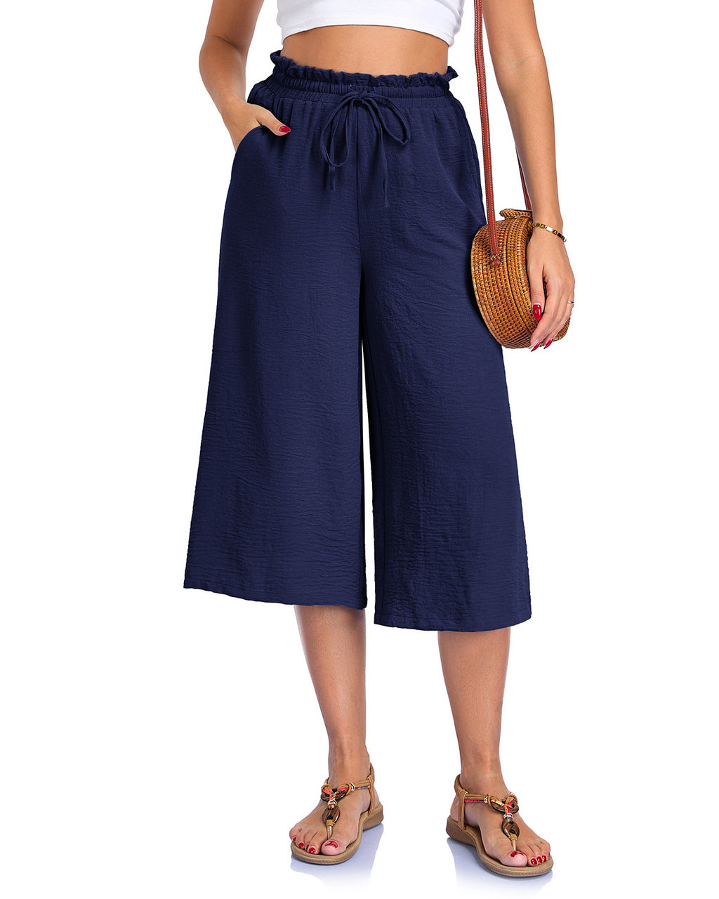 Women's Solid Color All-Match Elastic Cropped Pants Loose Wide-Leg Trousers