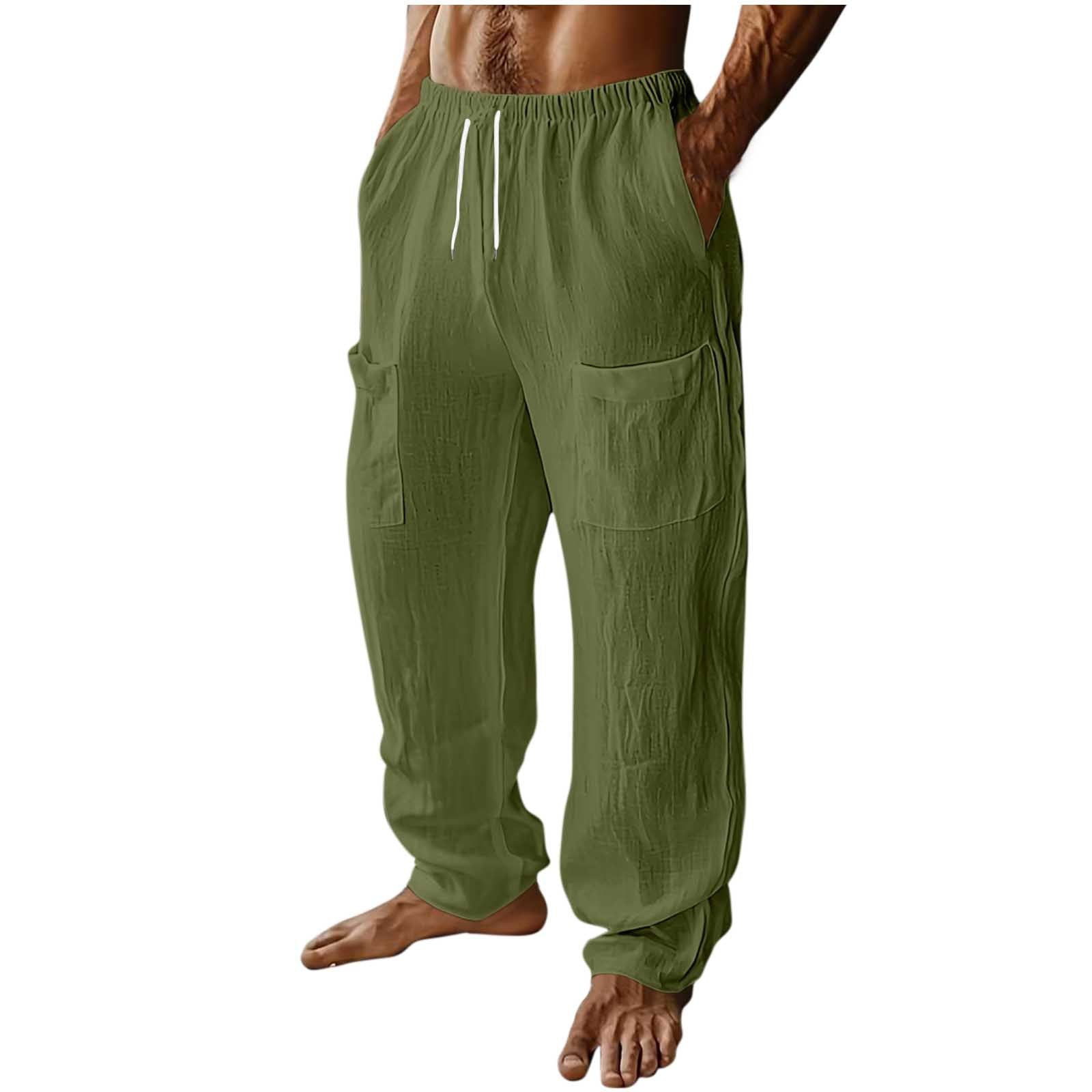 Mens Fashion Cotton-Linen Solid Color Multi-Pocket Elastic Waist Drawstring Casual Straight-Leg Trousers