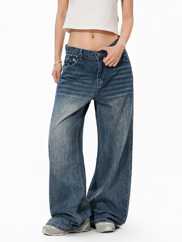 Star-print Wide-leg Denim Jeans For Women Washed Loose-fit Casual