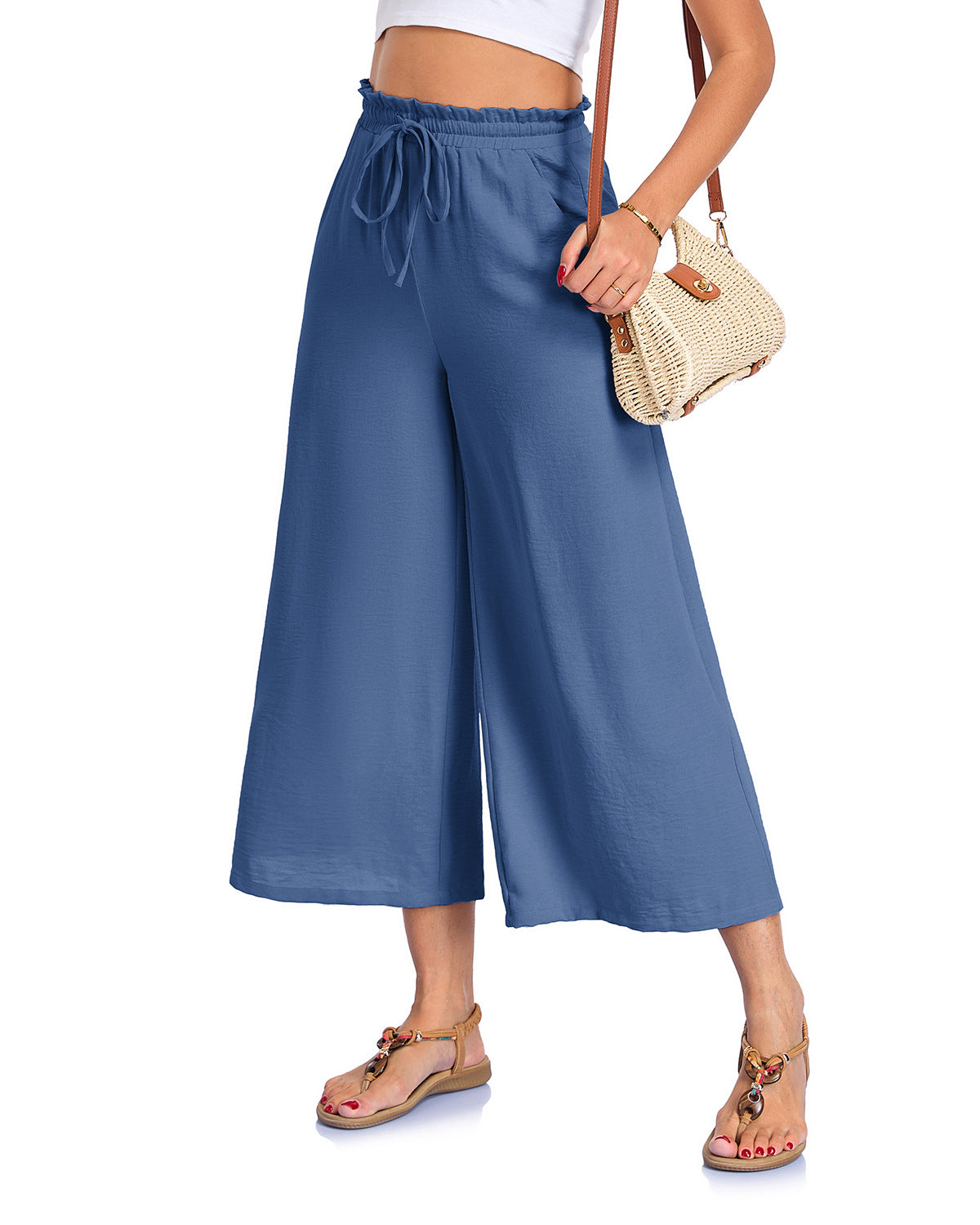 Fashionable Loose-fitting Capri Wide-leg Pants With Pockets And An Elastic Waistband