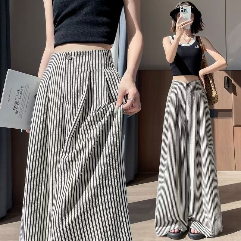 High-waisted Relaxed-fit Slim-fabric Casual Striped Straight-leg Pants