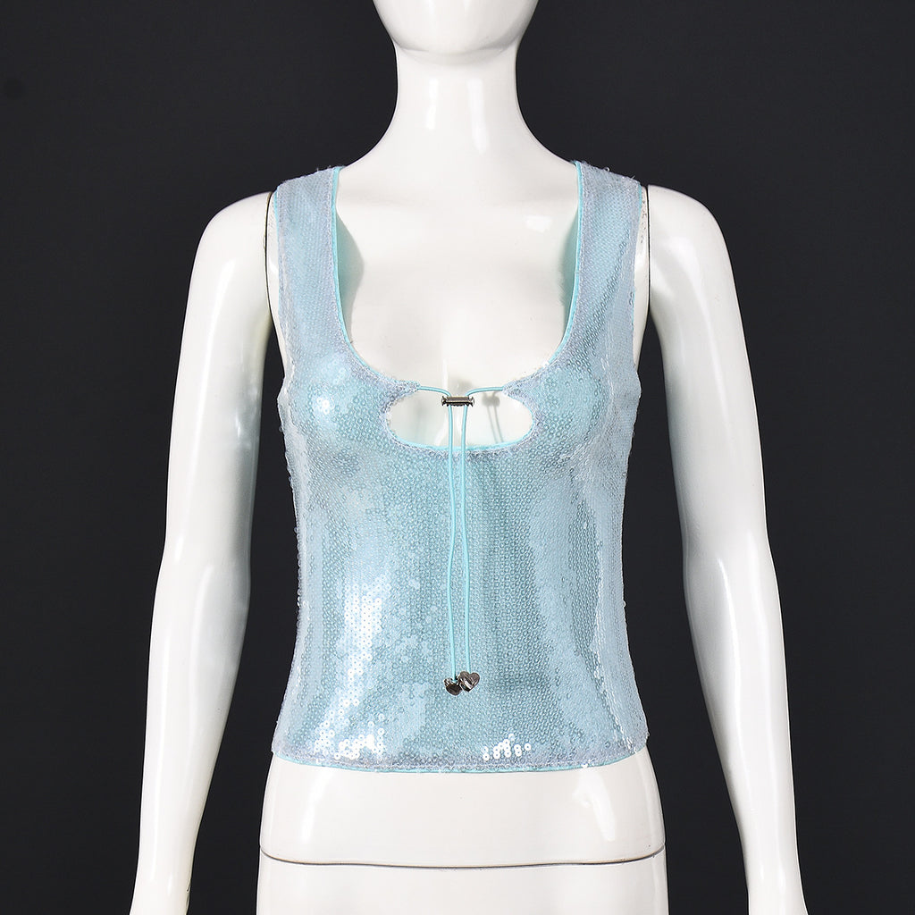 Beaded T-Shirt Sexy Sleeveless Hollow-Out Slim-Fit Figure-Hugging Tie-Up Top For Women