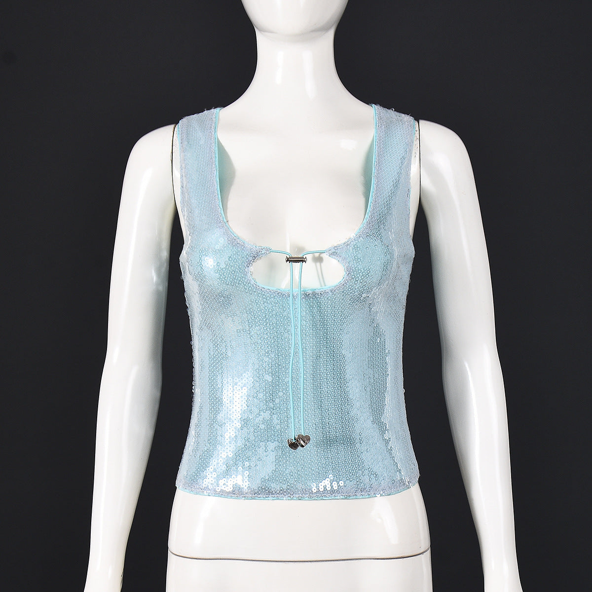 Beaded T-Shirt Sexy Sleeveless Hollow-Out Slim-Fit Figure-Hugging Tie-Up Top For Women