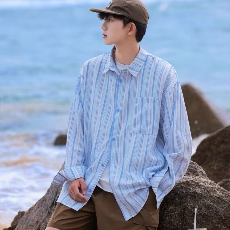 Versatile Sun-Protective Long-Sleeve Shirt Loose-Fit Striped Casual Mens Shirt