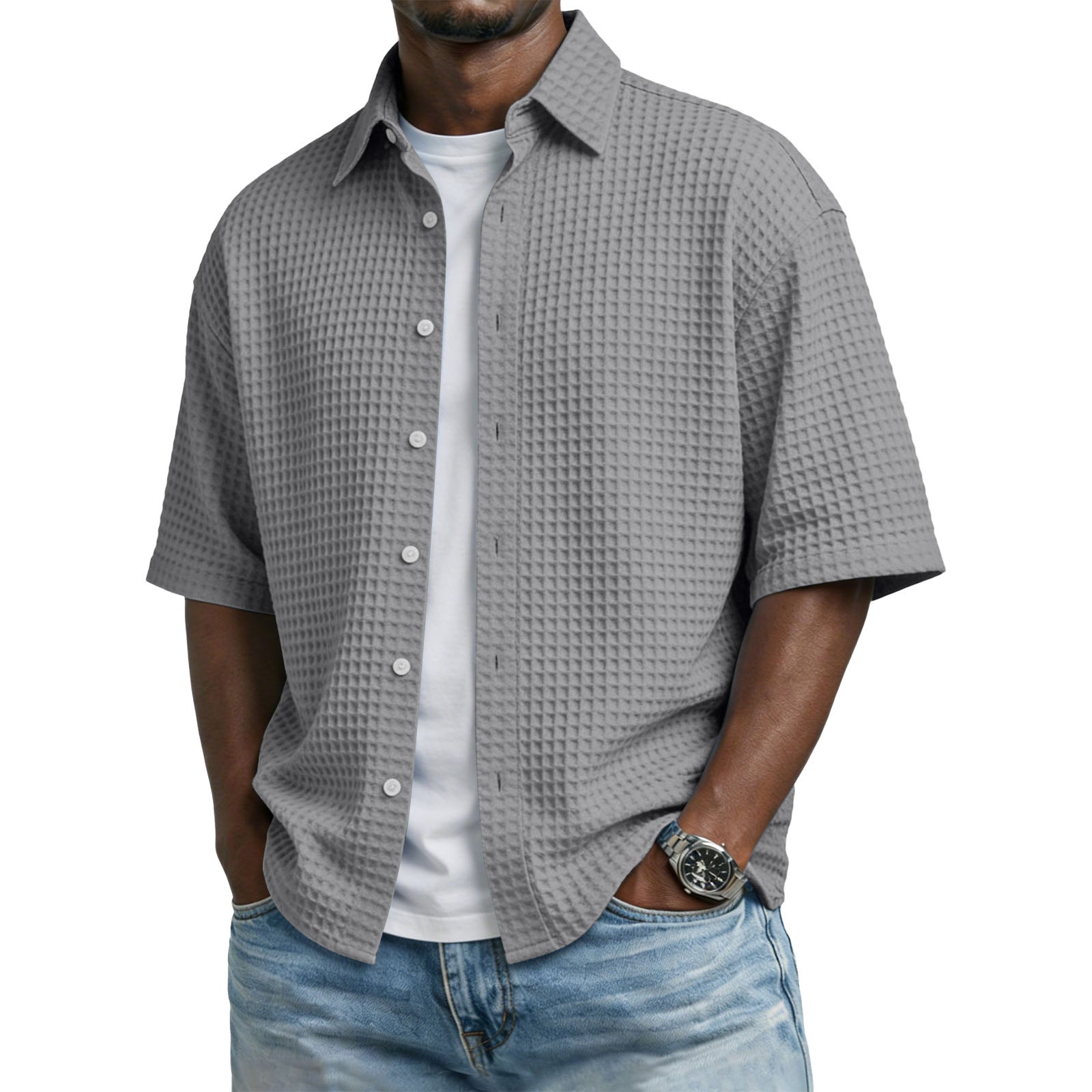 Men's Solid-Colored Waffle-Weave T-Shirt With Lapel Collar