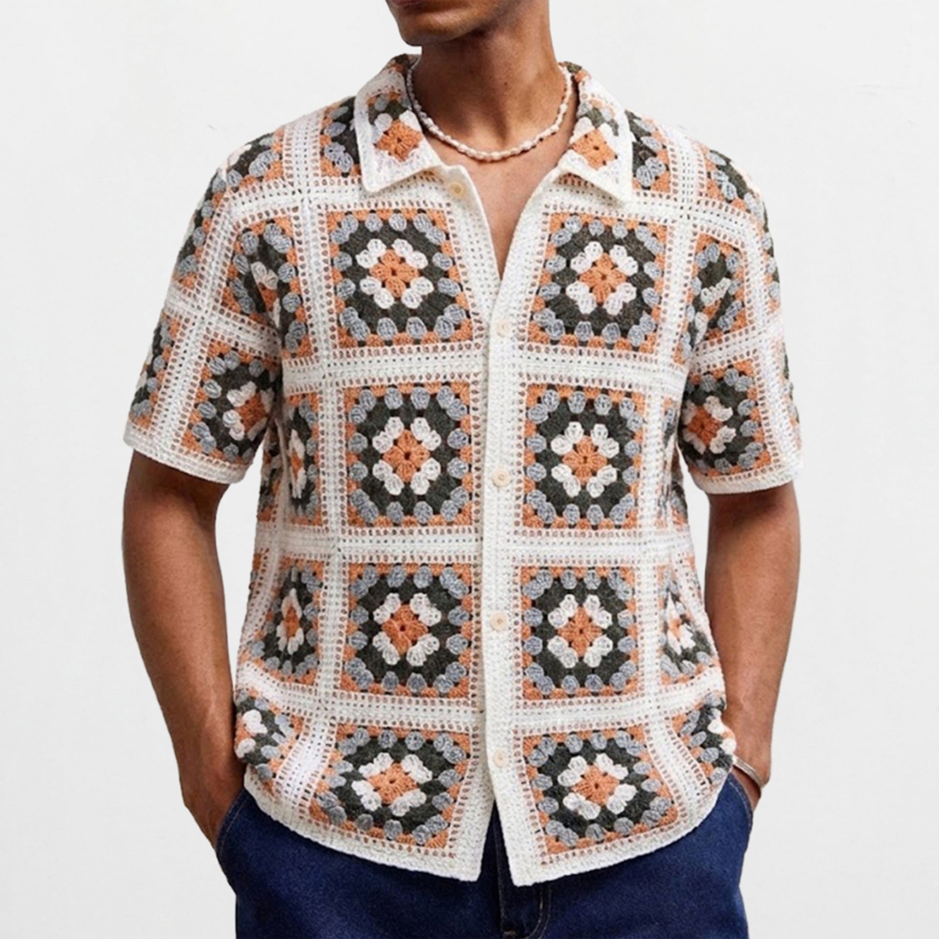 Color-blocked, Openwork, Lapel-neck Short-sleeve Knit Top