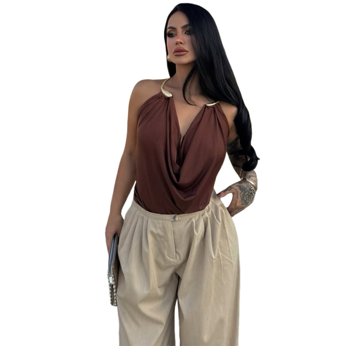 Fashionable Solid-Color Low-Cut  Plunging Neckline Metal Halter Bodycon Tank Top