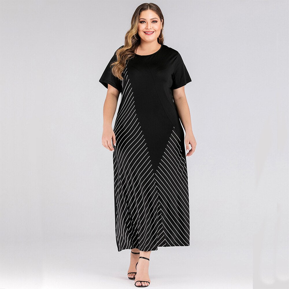 Big Size Women Dress Black Round Neck Short Sleeve Contrast Color Stripe Patchwork Maxi Dresses