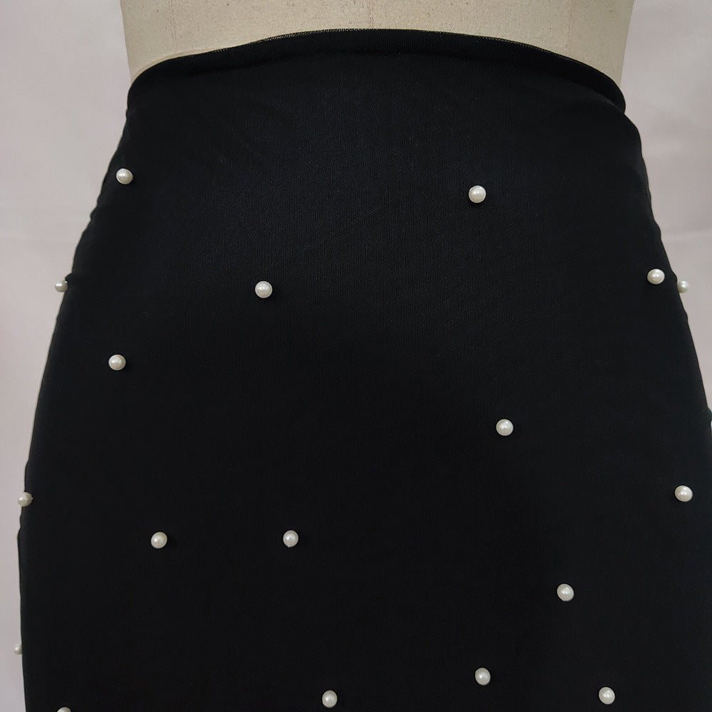 High Waist Bag Hip Mesh  Beaded Elastic Slim Fit Women's Skirt