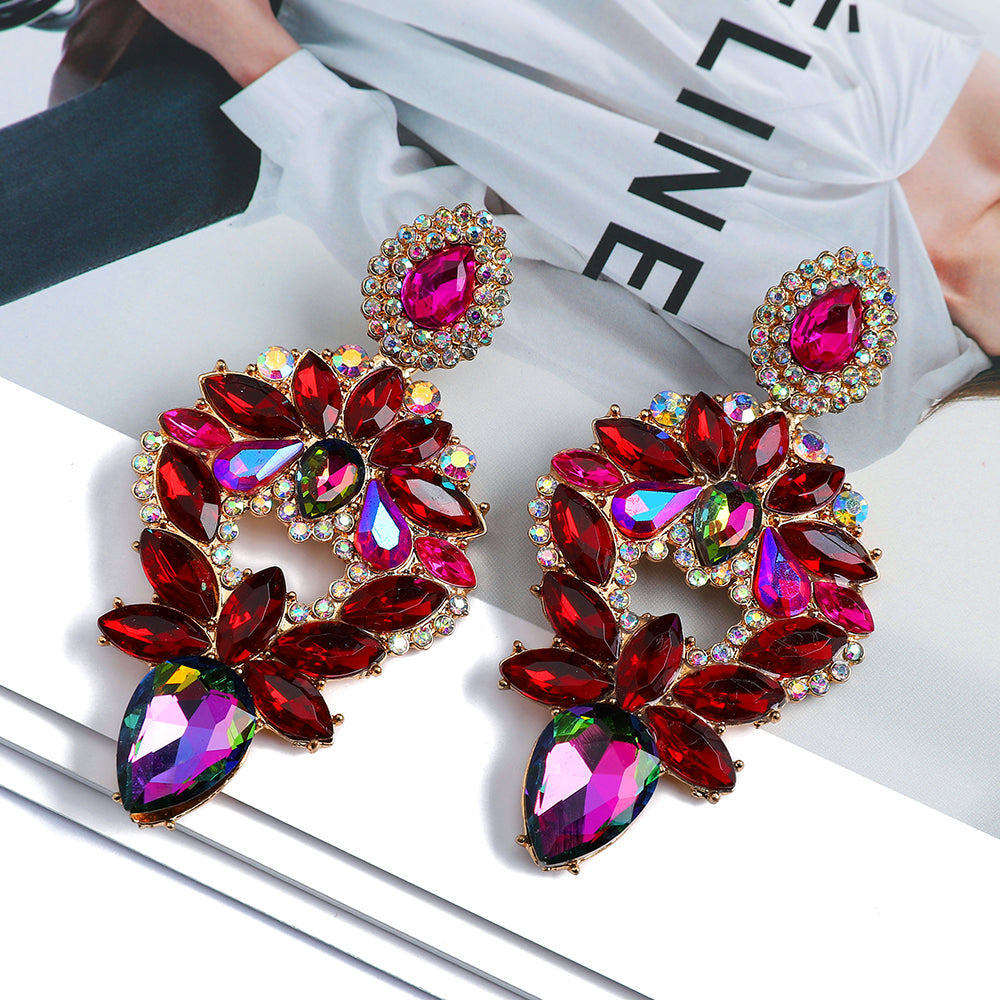 Multi Color Paved Rhinestone Floral Teardrop Dangle Earrings Women Luxury Statement Wedding Prom Formal Party Accessories