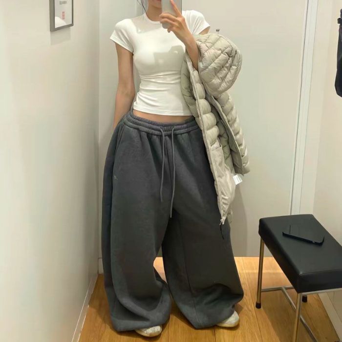 Retro Laid-back Style Casual Sweatpants Wide-leg Loose-fit