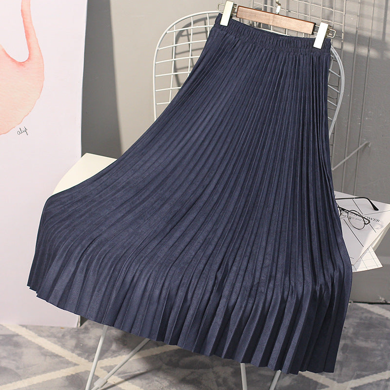 Deerskin Velvet Pleated Skirt Female High-waisted A-line Skirt All-match Big Hem