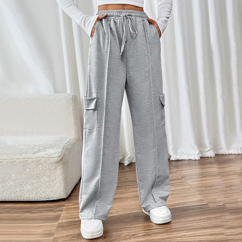 Casual Elastic High-Waist Straight Pants With Patch Pockets