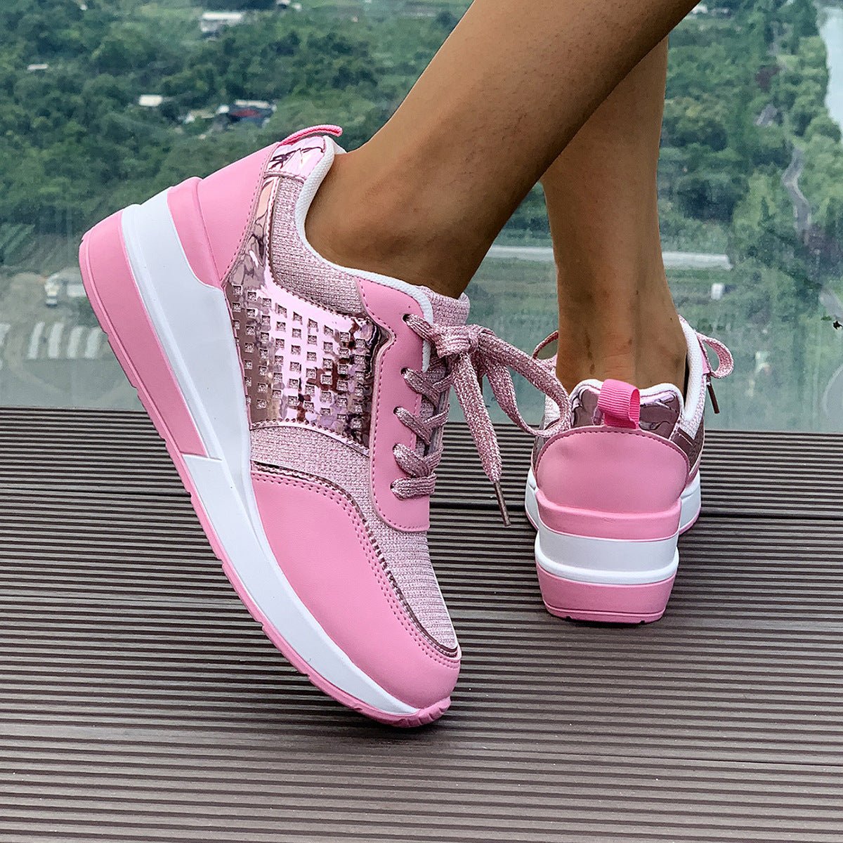 Sequin Round-Toe Lace-Up SpringAutumn Casual Sneakers