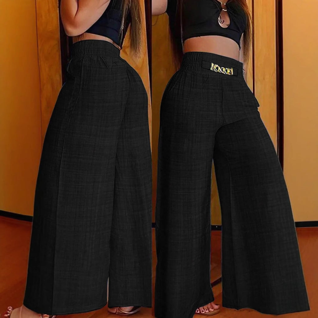 New Womens Fashionable Retro High-Waist Elastic Drapey Wide-Leg Long Pants For Women