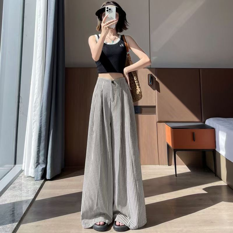 High-waisted Relaxed-fit Slim-fabric Casual Striped Straight-leg Pants
