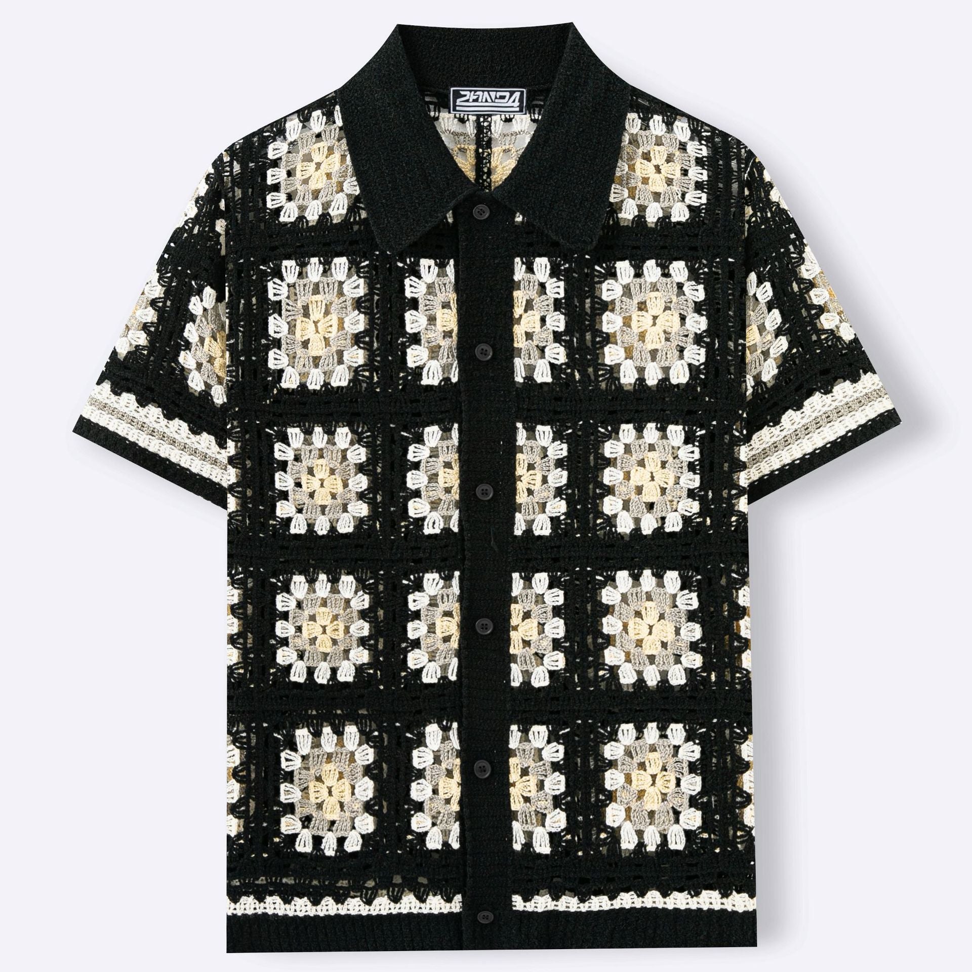 Mens Short-Sleeve Contrasting Color Crochet Hollow-Out Knit Sweater