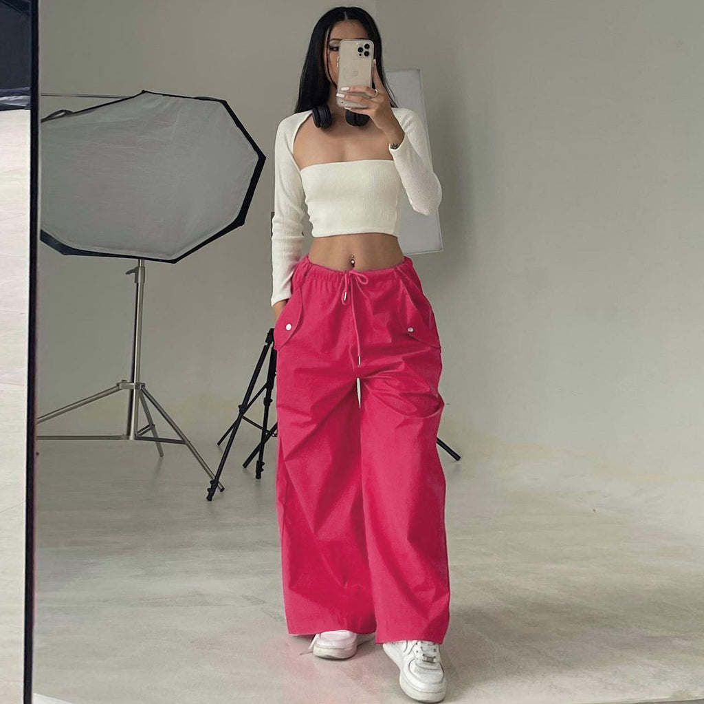 Solid-color Lace-up Loose-fitting Straight-leg Work Pants
