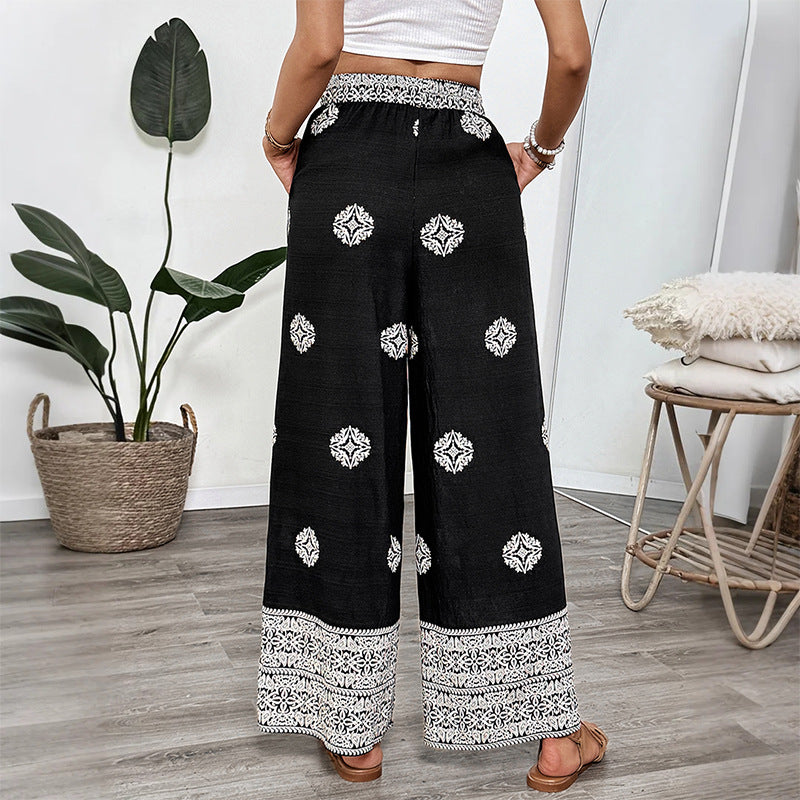 Ethnic-style Printed Straight-Leg Pants With Elastic Waist And Drawstring For Women