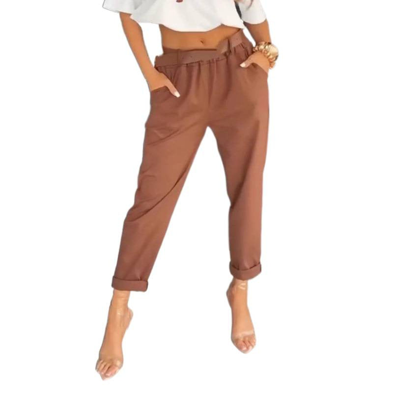 New Womens Solid-color Pocketed Slim-fit Versatile Casual Pants