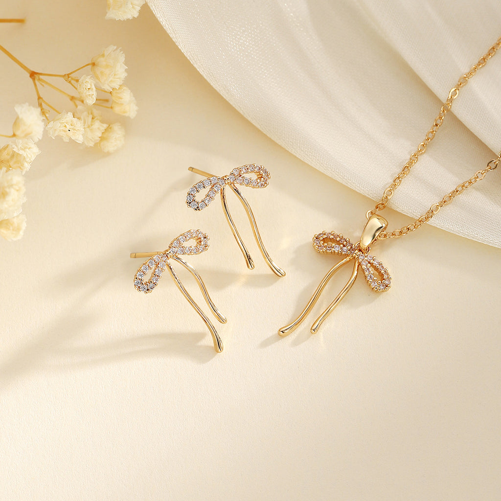 Copper Inlaid Zircon Bow Pendant Earrings Two-Piece Set
