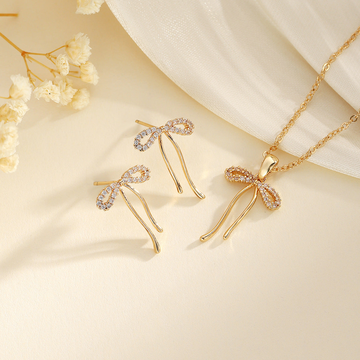 Copper Inlaid Zircon Bow Pendant Earrings Two-Piece Set