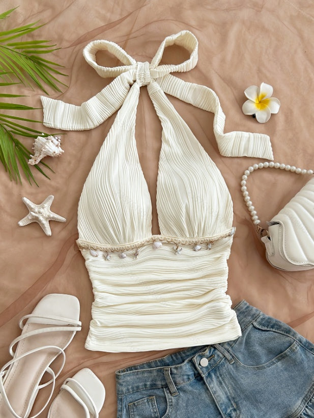 Women's Summer Fashion Beach Vacation Starfish Shell Ribbon Decorative Knitted Texture Fabric Halter Neck Strap Top