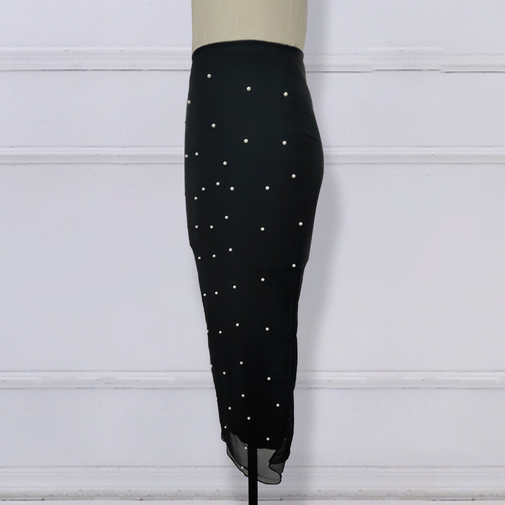High Waist Bag Hip Mesh  Beaded Elastic Slim Fit Women's Skirt