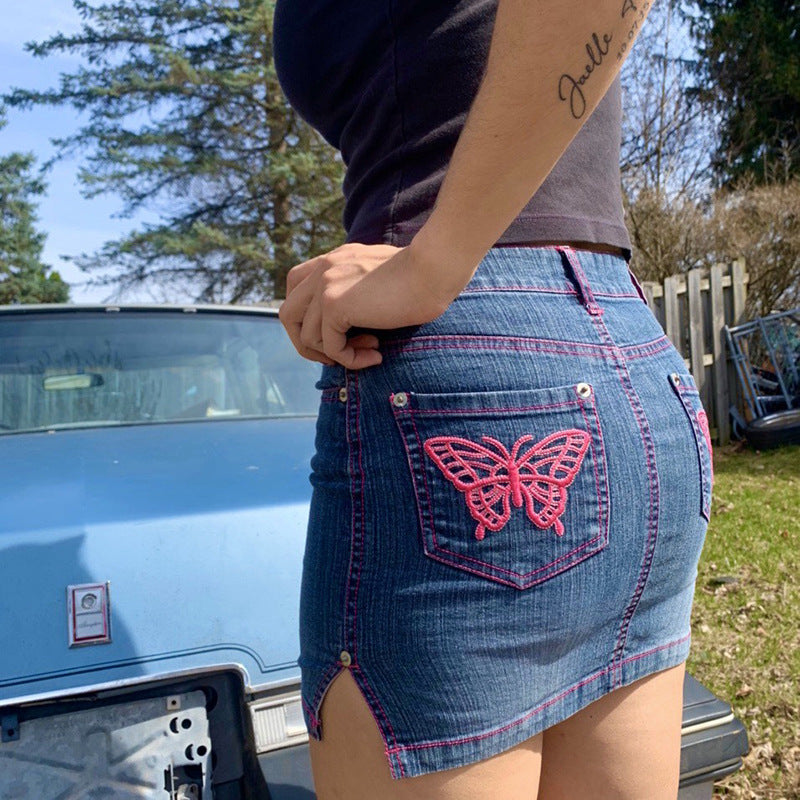 Pocket Symmetrical Personality Butterfly Embroidery Slit Denim Hip  Skirt
