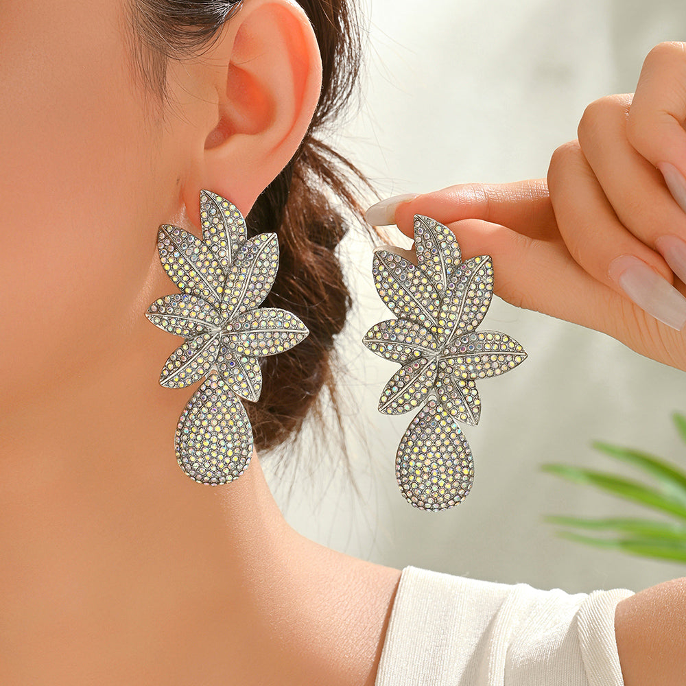 Rhinestone Floral Teardrop Dangle Earrings For Women Wedding Evening Party Prom Formal Luxury Statement Jewelry
