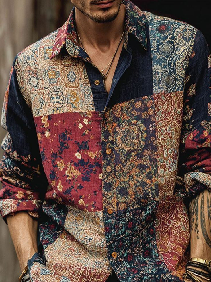 Retro Casual American-style Loose-fitting Mens Printed Long-sleeve Floral Shirt