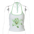 Printed Halterneck Lace-Up Ultra-Cropped Midriff-Baring Tank Top