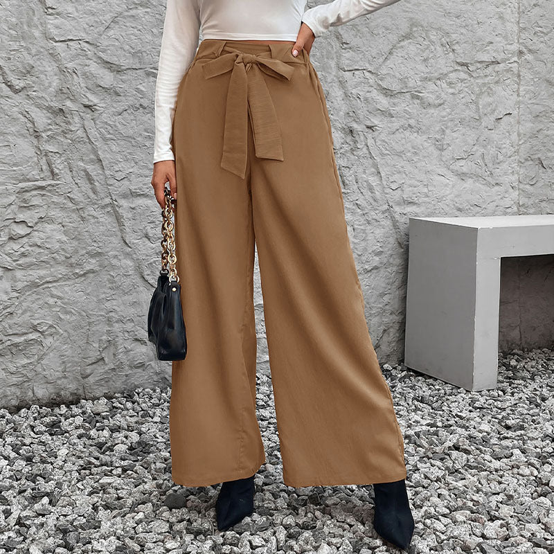 Solid-color Lace-up High-waist Straight-leg Wide-leg Minimalist Chic Versatile Womens Trousers